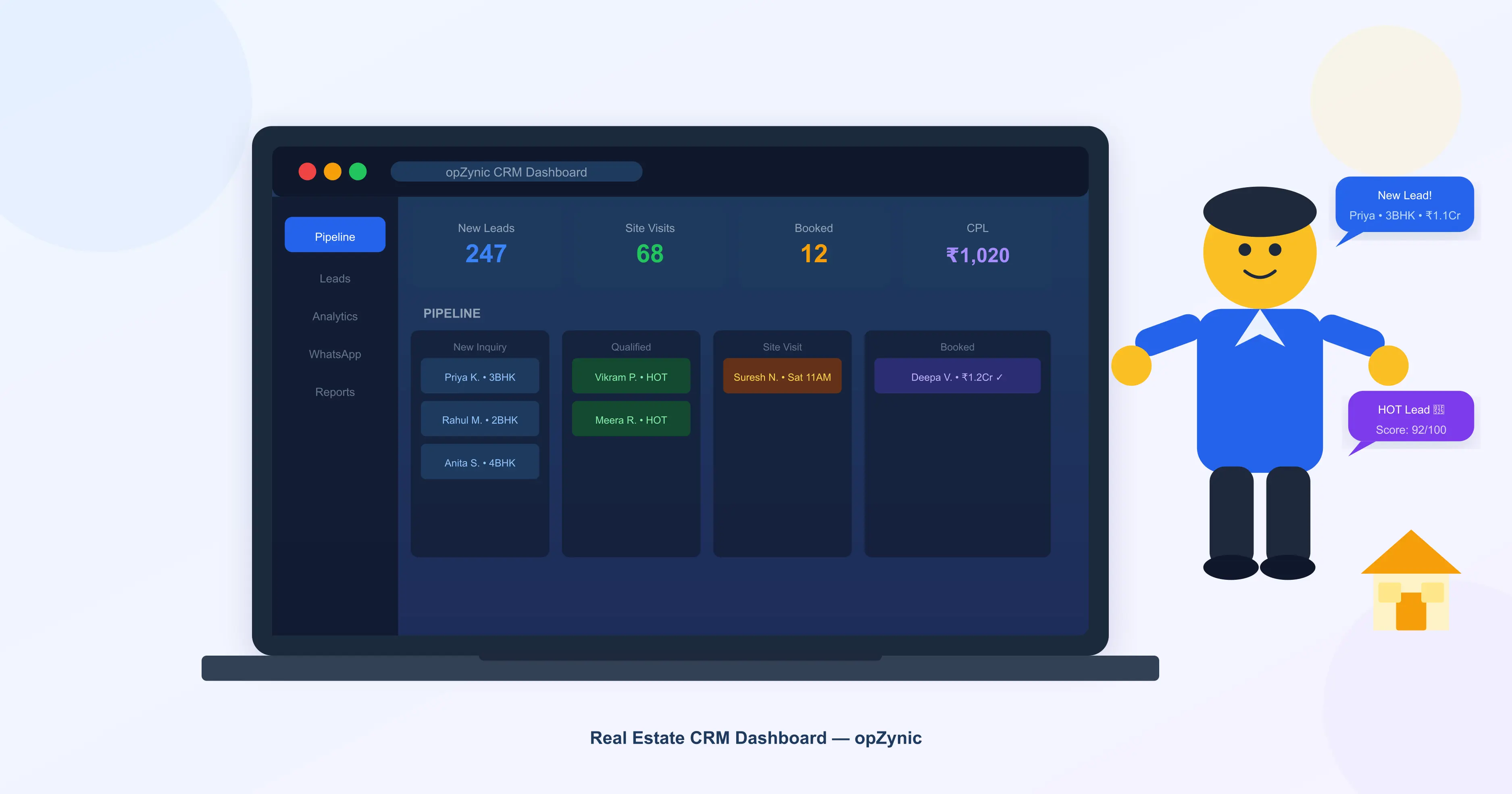 2D flat illustration of a real estate sales manager reviewing a CRM dashboard on a laptop with lead pipeline, property icons, and chat bubbles in the background
