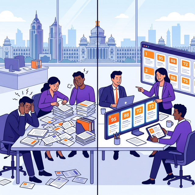 Before vs after split comparison of real estate sales team — chaotic unorganized leads on left versus prioritized lead scoring dashboard on right with Bengaluru skyline