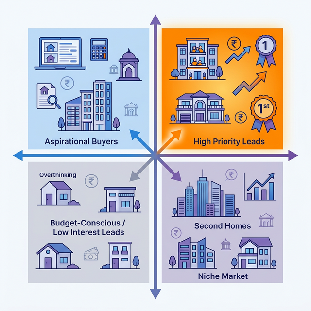 A 2x2 lead scoring matrix showing buyer personas sorted by intent and budget — high-priority hot leads glowing orange